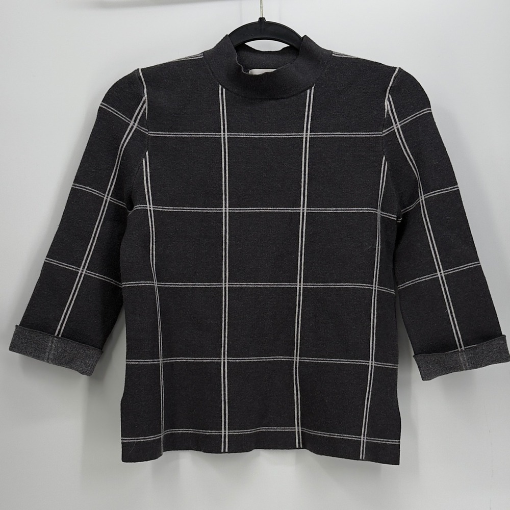 Anthropologie Laurie Charcoal Grey Windowpane Plaid Mock Neck 3/4 Sleeve Top XS